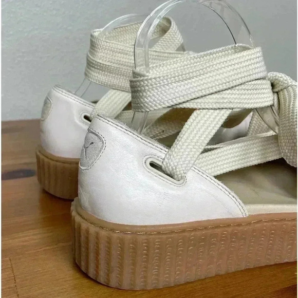 FENTY PUMA Women's 8.5 The Bow Creeper Sandals Cream Leather Lace Up Flatform - Picture 6 of 16